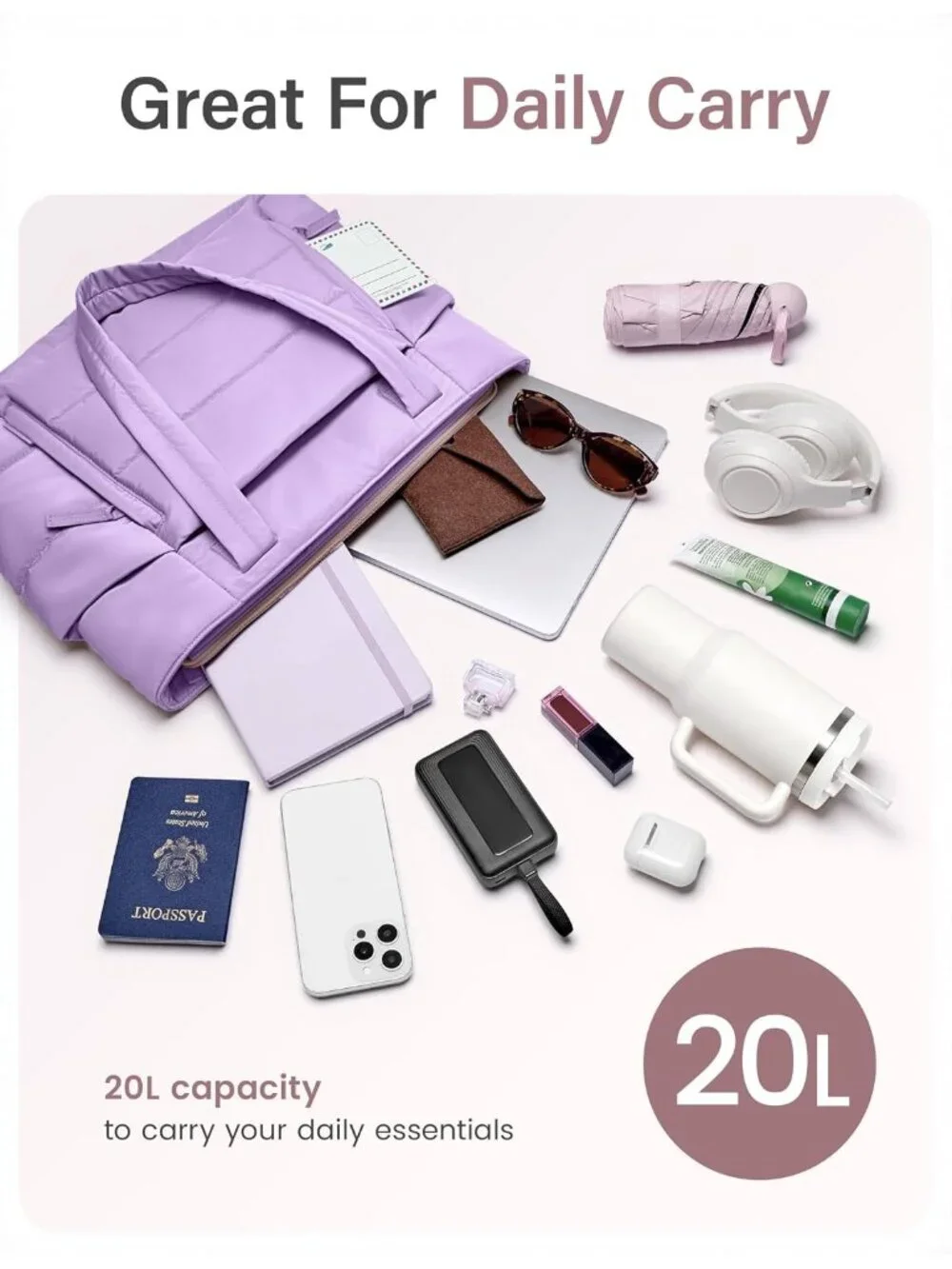 👜Women's Lavender Quilted Puffer Tote Bag Zipper Work Bag With Compartments